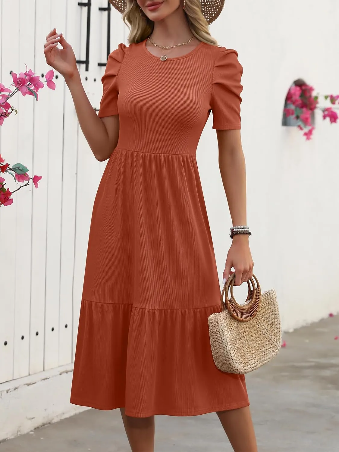 LOGENE Women's Summer Puff Short Sleeve A-Line Midi Dresses Casual Rib Knit T-Shirt Dress Flowy Beach Sundress with Pockets