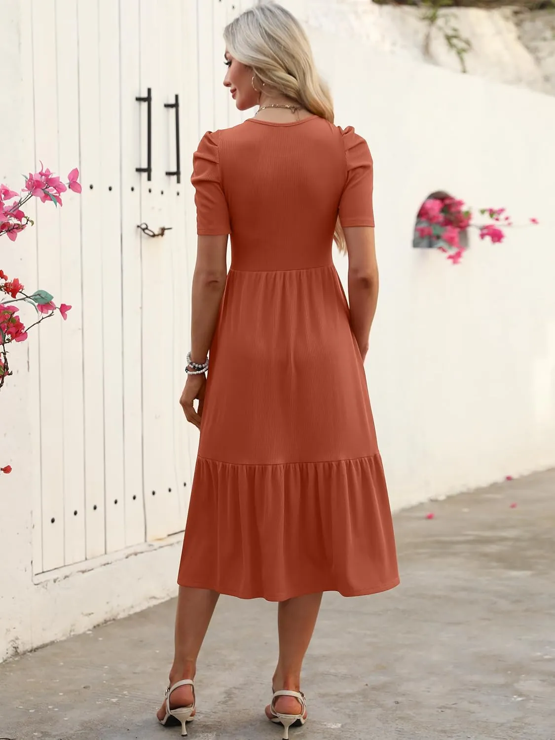 LOGENE Women's Summer Puff Short Sleeve A-Line Midi Dresses Casual Rib Knit T-Shirt Dress Flowy Beach Sundress with Pockets