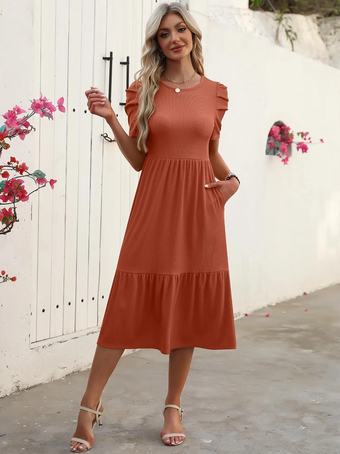 LOGENE Women's Summer Puff Short Sleeve A-Line Midi Dresses Casual Rib Knit T-Shirt Dress Flowy Beach Sundress with Pockets