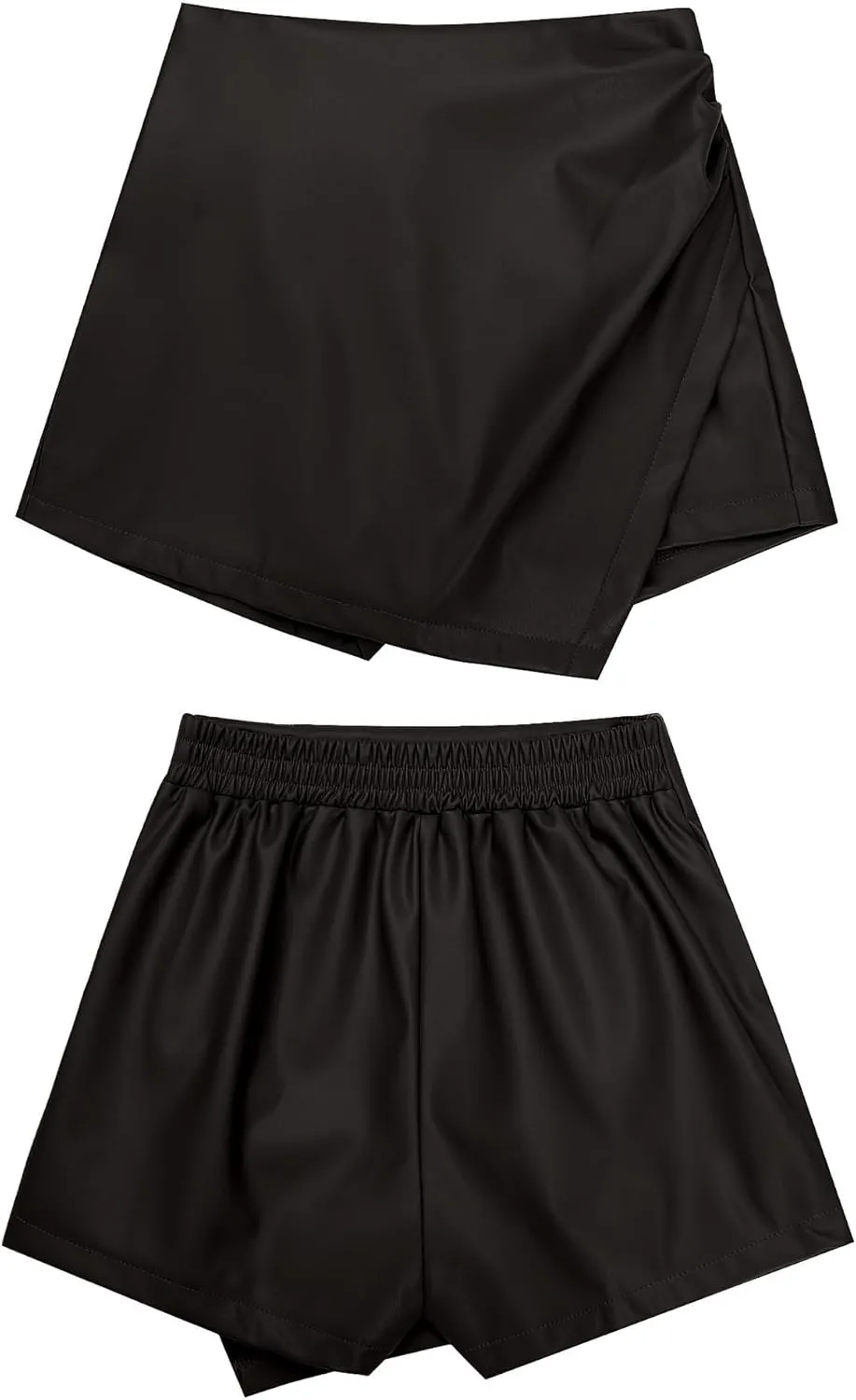 luvamia Shorts for Women Faux Leather Skorts High Waisted PU Leather Shorts Elastic Waist Ruched Wrap Skorts Skirts