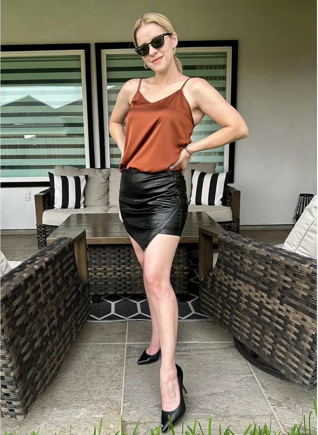 luvamia Shorts for Women Faux Leather Skorts High Waisted PU Leather Shorts Elastic Waist Ruched Wrap Skorts Skirts