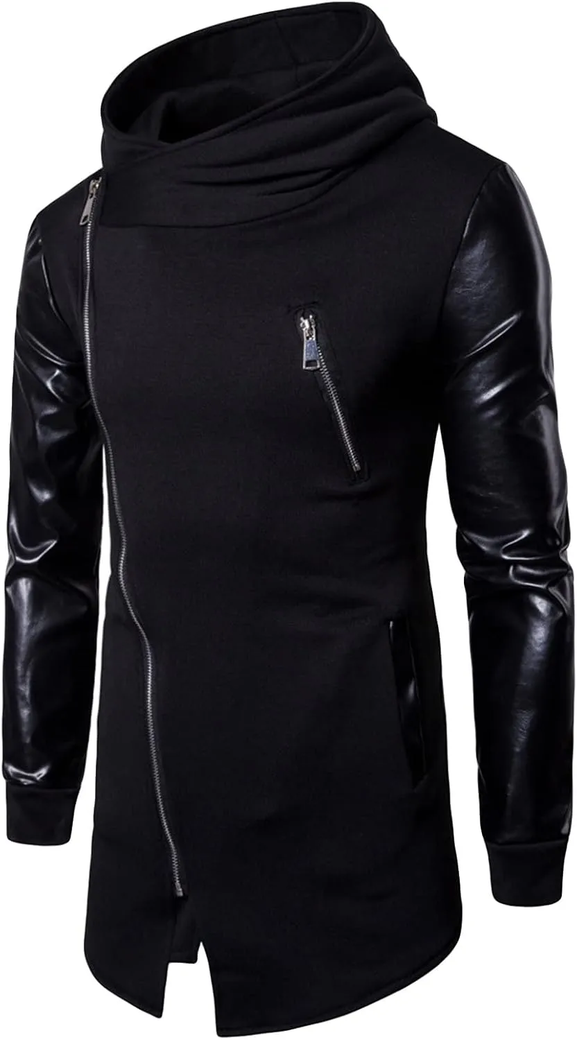 Maiyifu-GJ Men's Asymmetric Zip Irregular Hoodie Faux Leather Motorcycle Hooded Jacket Vintage PU Leather Biker Hoodies Coat