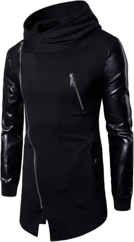Maiyifu-GJ Men's Asymmetric Zip Irregular Hoodie Faux Leather Motorcycle Hooded Jacket Vintage PU Leather Biker Hoodies Coat