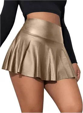 MakeMeChic Women's Faux Leather Skirt Y2K Mini Skirt Elastic High Waist A Line Flowy Skort Shorts