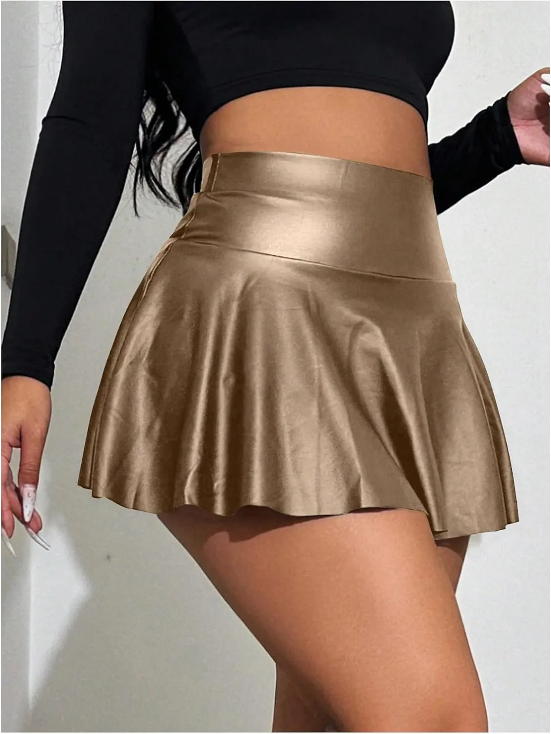 MakeMeChic Women's Faux Leather Skirt Y2K Mini Skirt Elastic High Waist A Line Flowy Skort Shorts
