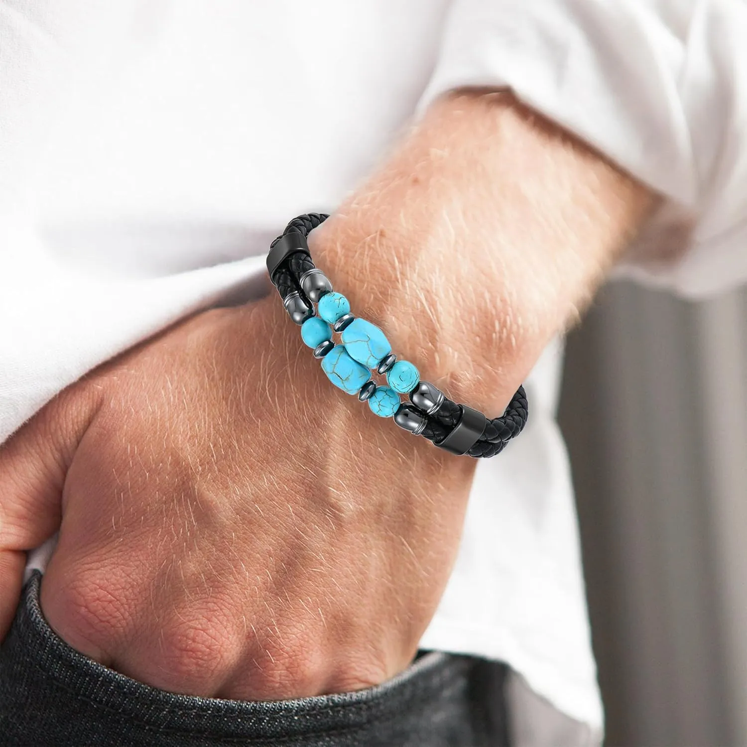 Men's Leather Bracelet, Turquoise/Tiger's Eye/Lapis/Black Onyx Protection Healing Stone Beads Jewelry for Men, 8.27 inch/21 cm