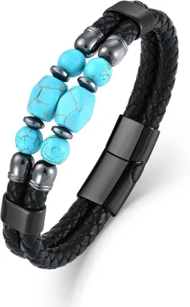 Men's Leather Bracelet, Turquoise/Tiger's Eye/Lapis/Black Onyx Protection Healing Stone Beads Jewelry for Men, 8.27 inch/21 cm