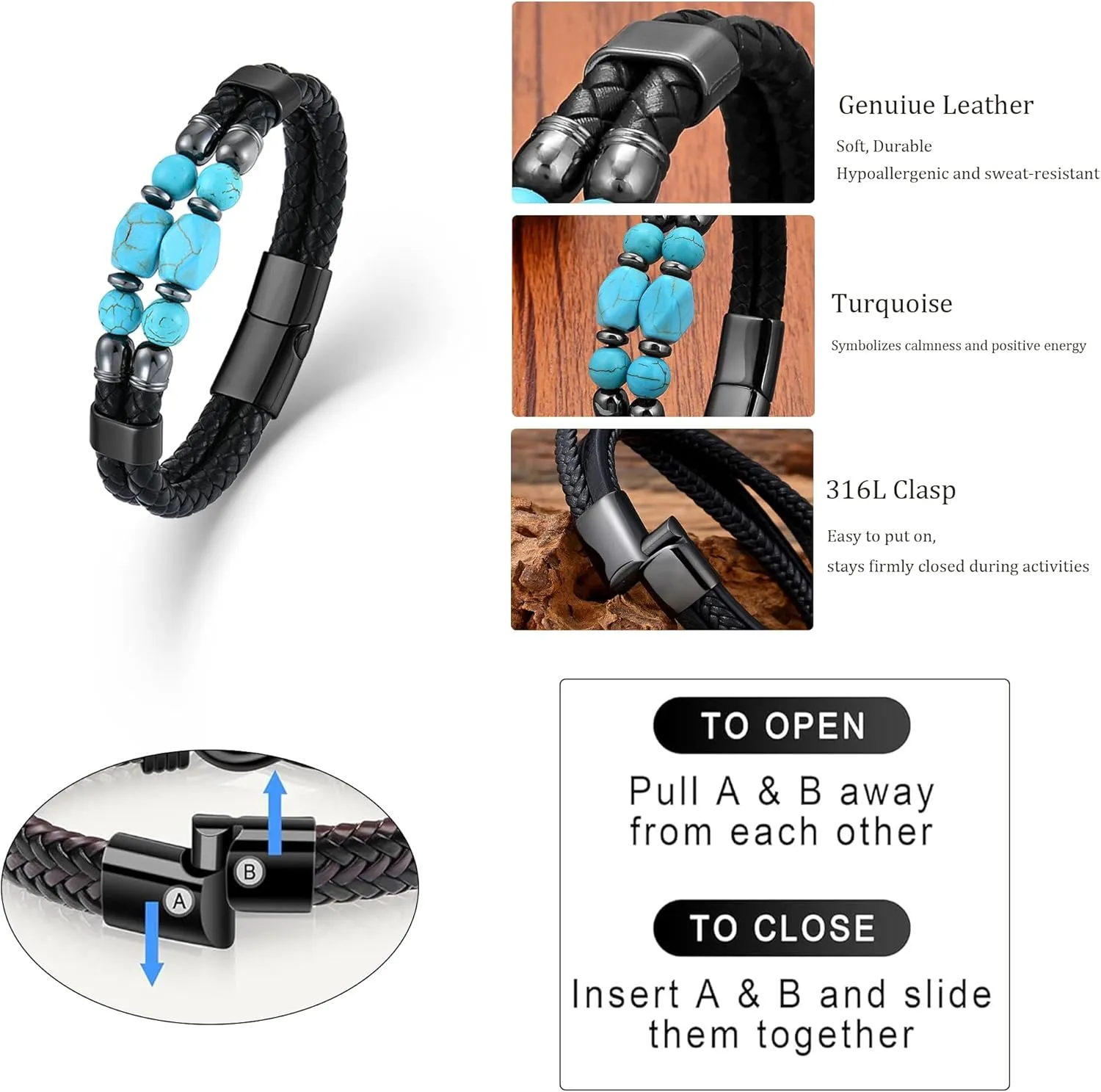Men's Leather Bracelet, Turquoise/Tiger's Eye/Lapis/Black Onyx Protection Healing Stone Beads Jewelry for Men, 8.27 inch/21 cm