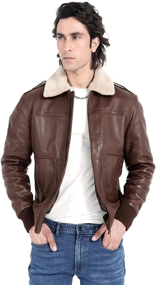Mens leather jacket Genuine Lambskin Bomber Jacket men Brown with Removable Sherpa Collar Premium Leather jacket men