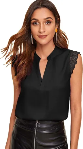 Milumia Women's Elegant Notch V Neck Sleeveless Blouse Guipure Lace Work Office Top