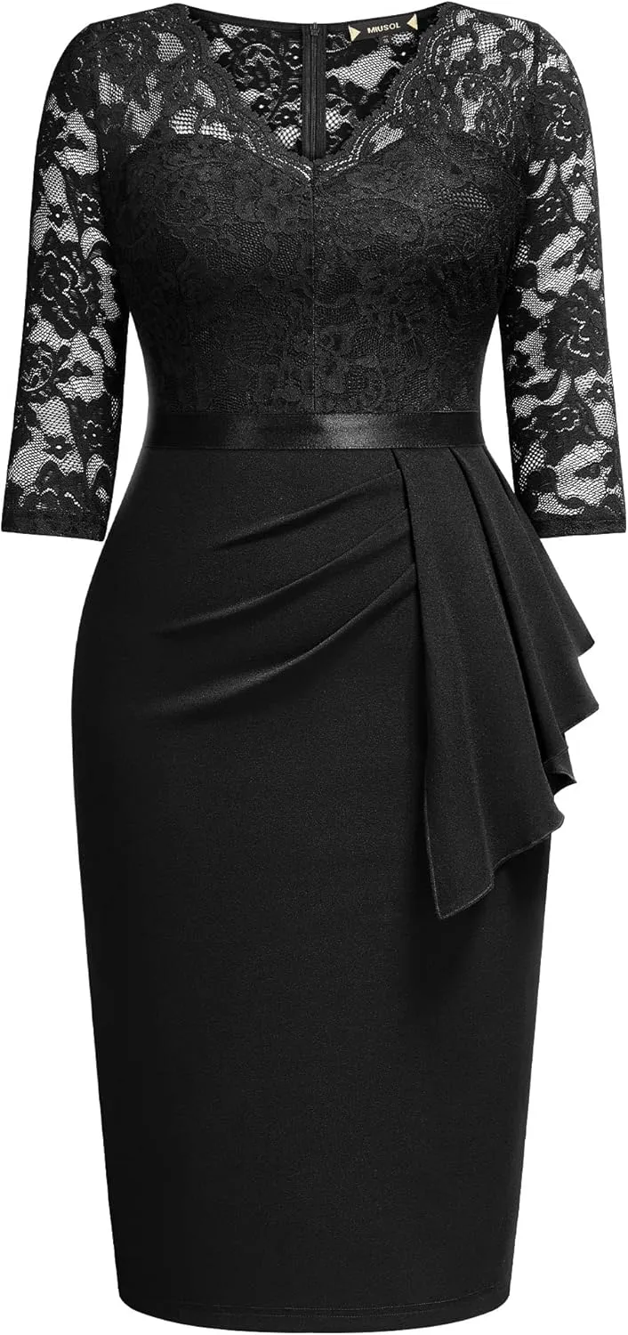 Miusol Women's Plus Size Retro Floral Lace Ruffle V Neck Party Cocktail Dress