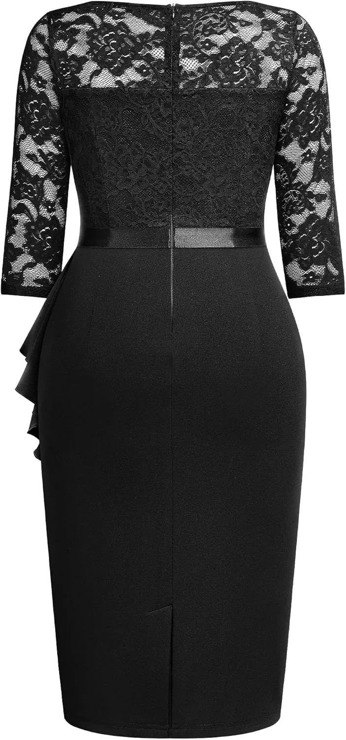Miusol Women's Plus Size Retro Floral Lace Ruffle V Neck Party Cocktail Dress
