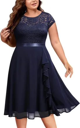 Miusol Women's Plus Size Ruffle Floral Lace Contrast Chiffon Formal Bridesmaid Party A-Line Cocktail Dress