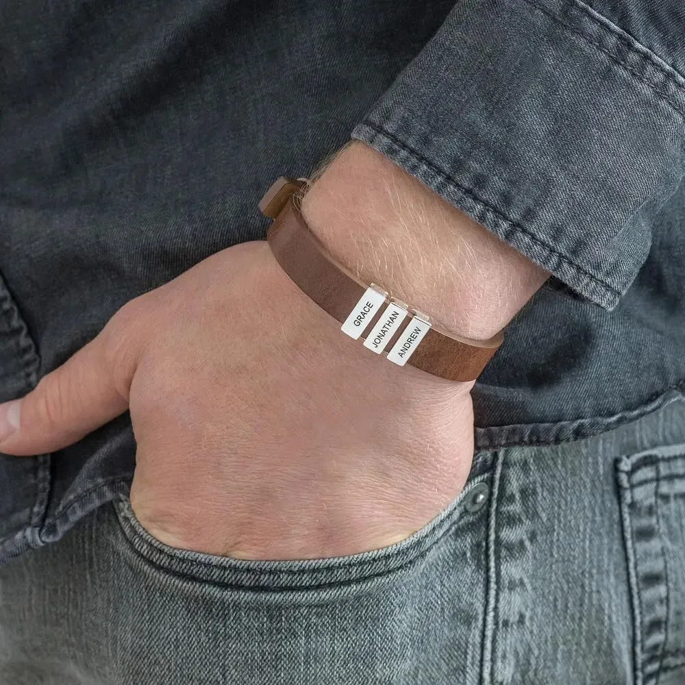 MYKA - Mens Brown/Black Leather Bracelet with Names - Inscription on Custom Silver Beads - Personalized Jewelry for Men, Husband, Dad, Brother, Grandfather - Gift for Fathers Day, Birthday, Xmas, Christmas, Summer, Valentines Day, Love Day