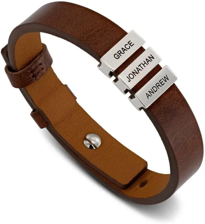 MYKA - Mens Brown/Black Leather Bracelet with Names - Inscription on Custom Silver Beads - Personalized Jewelry for Men, Husband, Dad, Brother, Grandfather - Gift for Fathers Day, Birthday, Xmas, Christmas, Summer, Valentines Day, Love Day