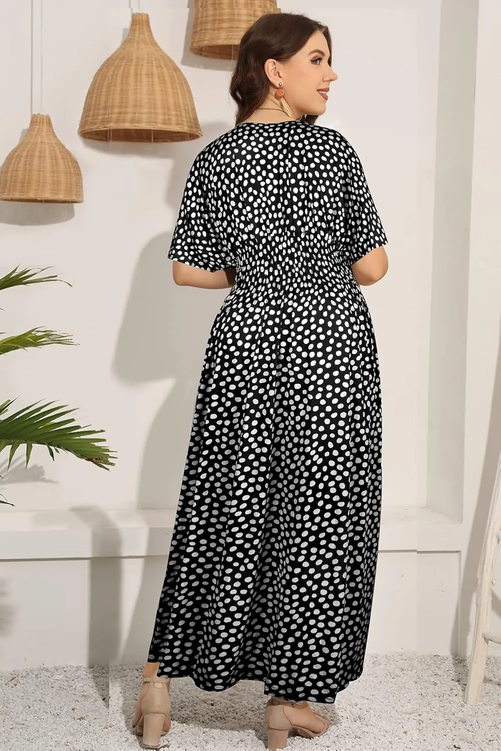 OSTOO Women's Plus Size Hawaii Empire Waist Bat Short Sleeve Casual Floral Print Boho Maxi Dress