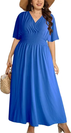 OSTOO Women's Plus Size Hawaii Empire Waist Bat Short Sleeve Casual Floral Print Boho Maxi Dress
