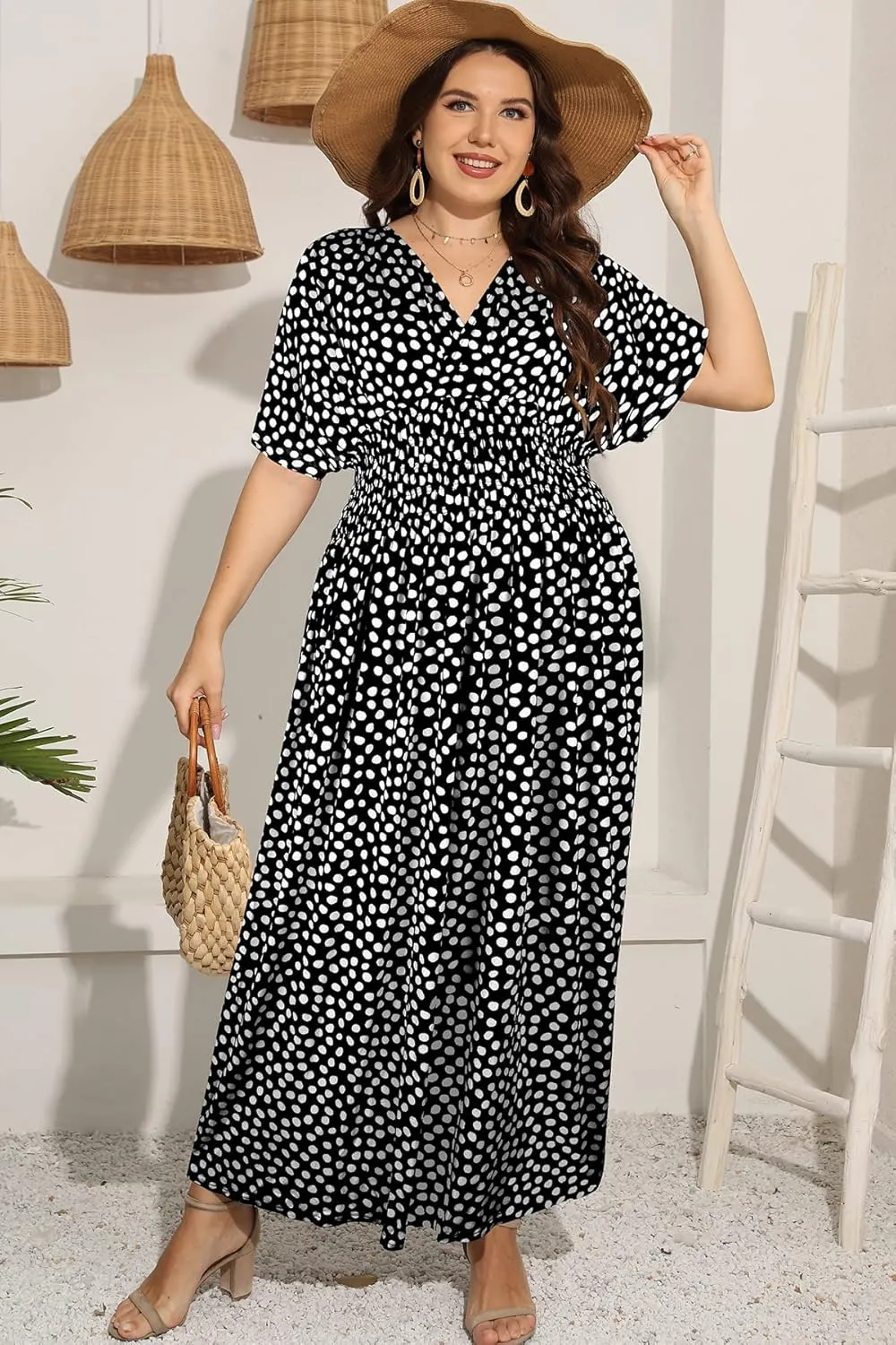 OSTOO Women's Plus Size Hawaii Empire Waist Bat Short Sleeve Casual Floral Print Boho Maxi Dress