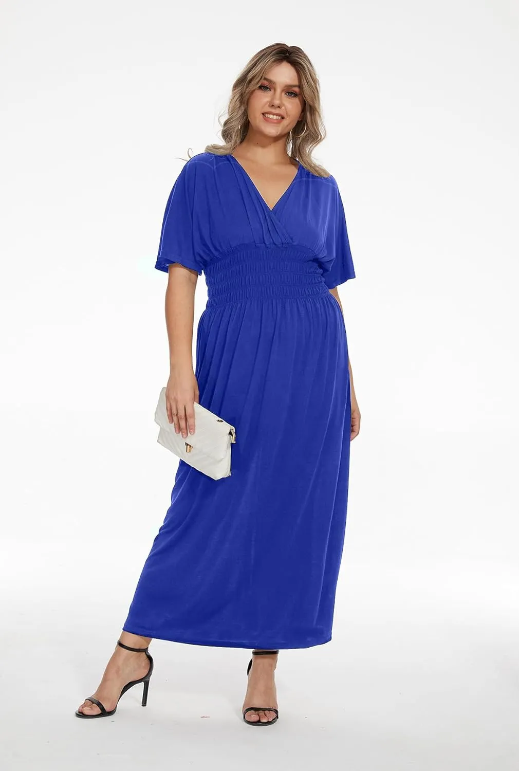 OSTOO Women's Plus Size Hawaii Empire Waist Bat Short Sleeve Casual Floral Print Boho Maxi Dress
