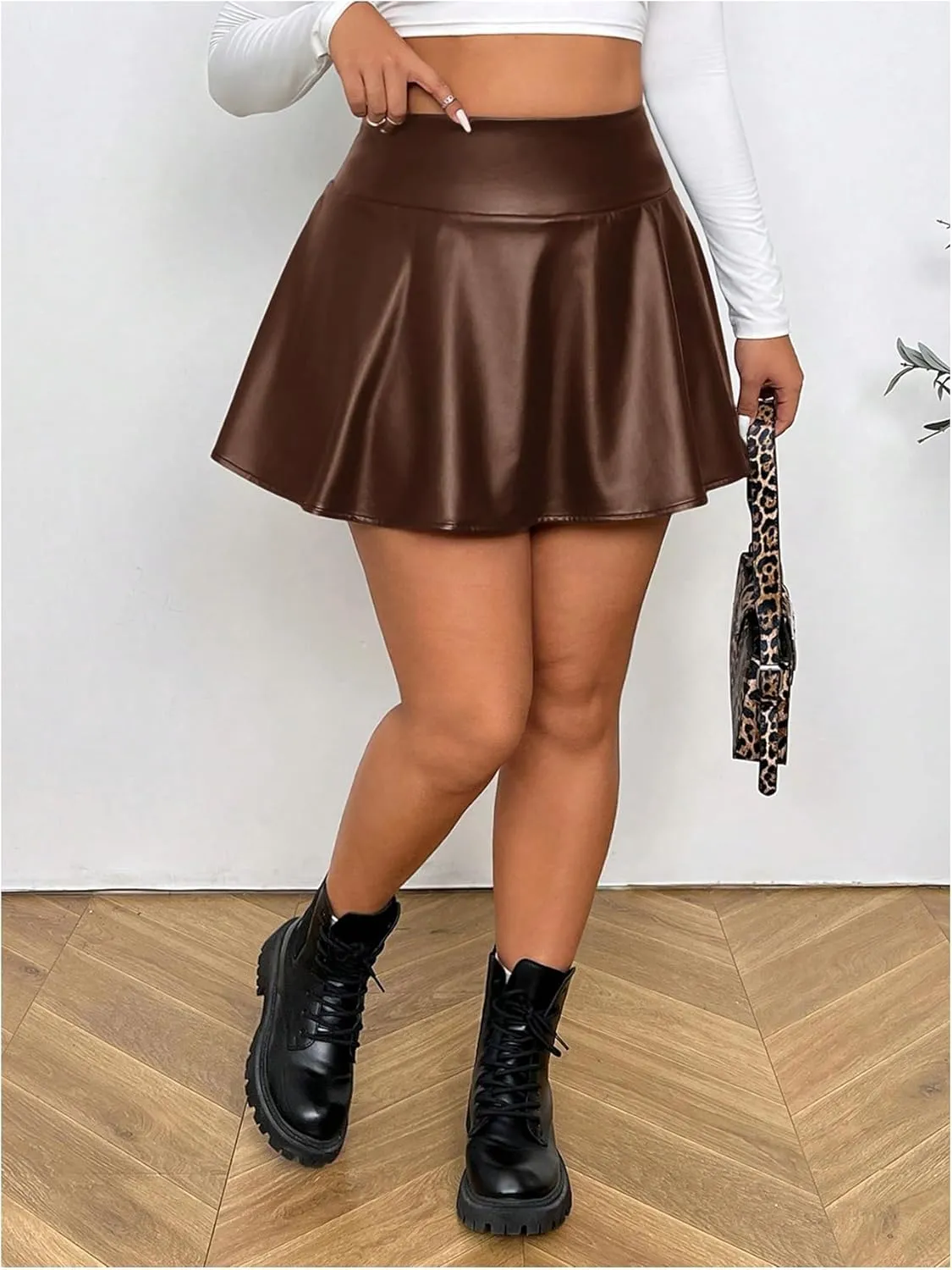 OYOANGLE Women's Plus Size PU Leather Ruffle Short Skirts High Waist Pleated Skater Skirt with Built in Shorts