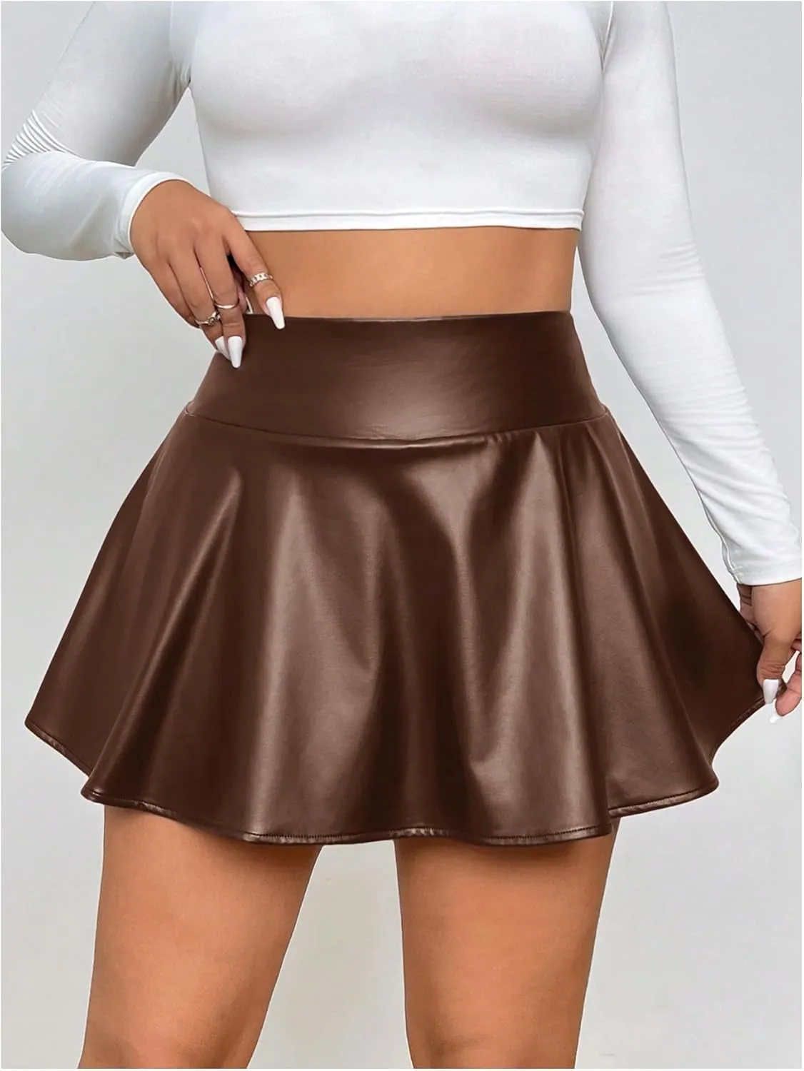 OYOANGLE Women's Plus Size PU Leather Ruffle Short Skirts High Waist Pleated Skater Skirt with Built in Shorts