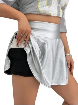 OYOANGLE Women's Plus Size PU Leather Ruffle Short Skirts High Waist Pleated Skater Skirt with Built in Shorts