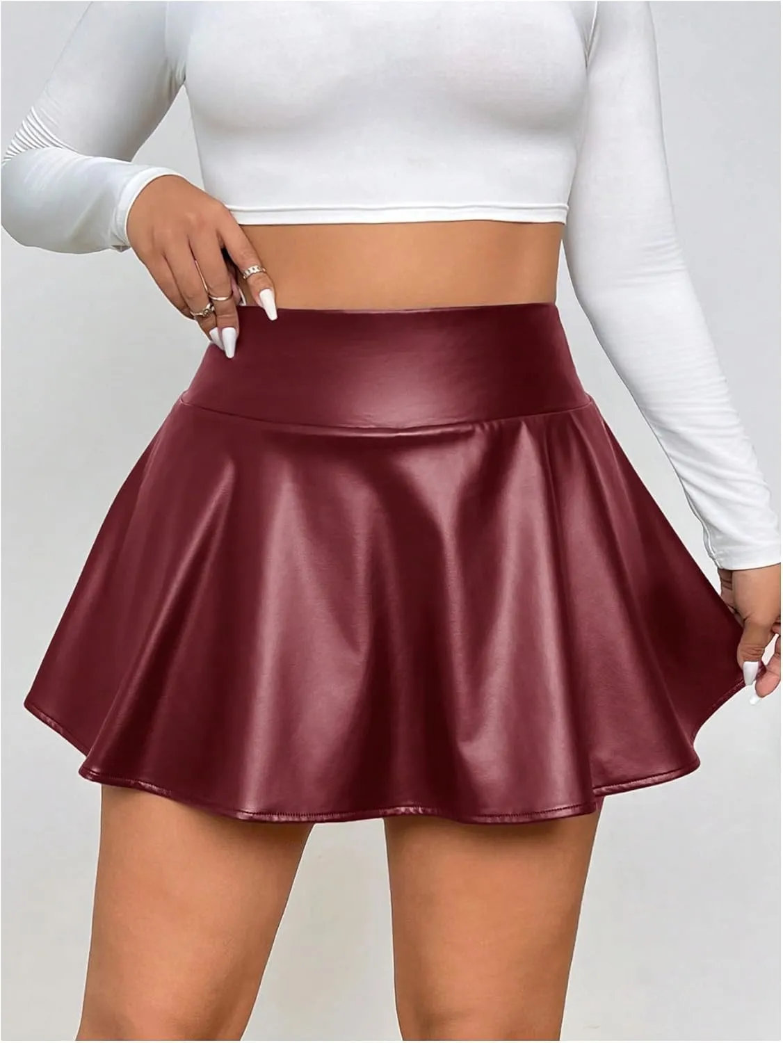 OYOANGLE Women's Plus Size PU Leather Ruffle Short Skirts High Waist Pleated Skater Skirt with Built in Shorts