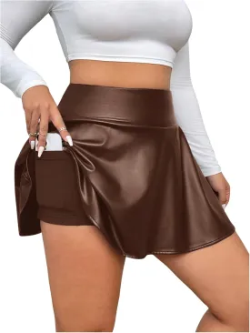 OYOANGLE Women's Plus Size PU Leather Ruffle Short Skirts High Waist Pleated Skater Skirt with Built in Shorts
