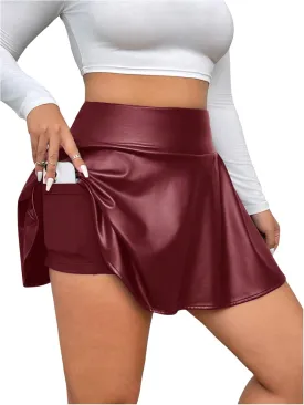 OYOANGLE Women's Plus Size PU Leather Ruffle Short Skirts High Waist Pleated Skater Skirt with Built in Shorts