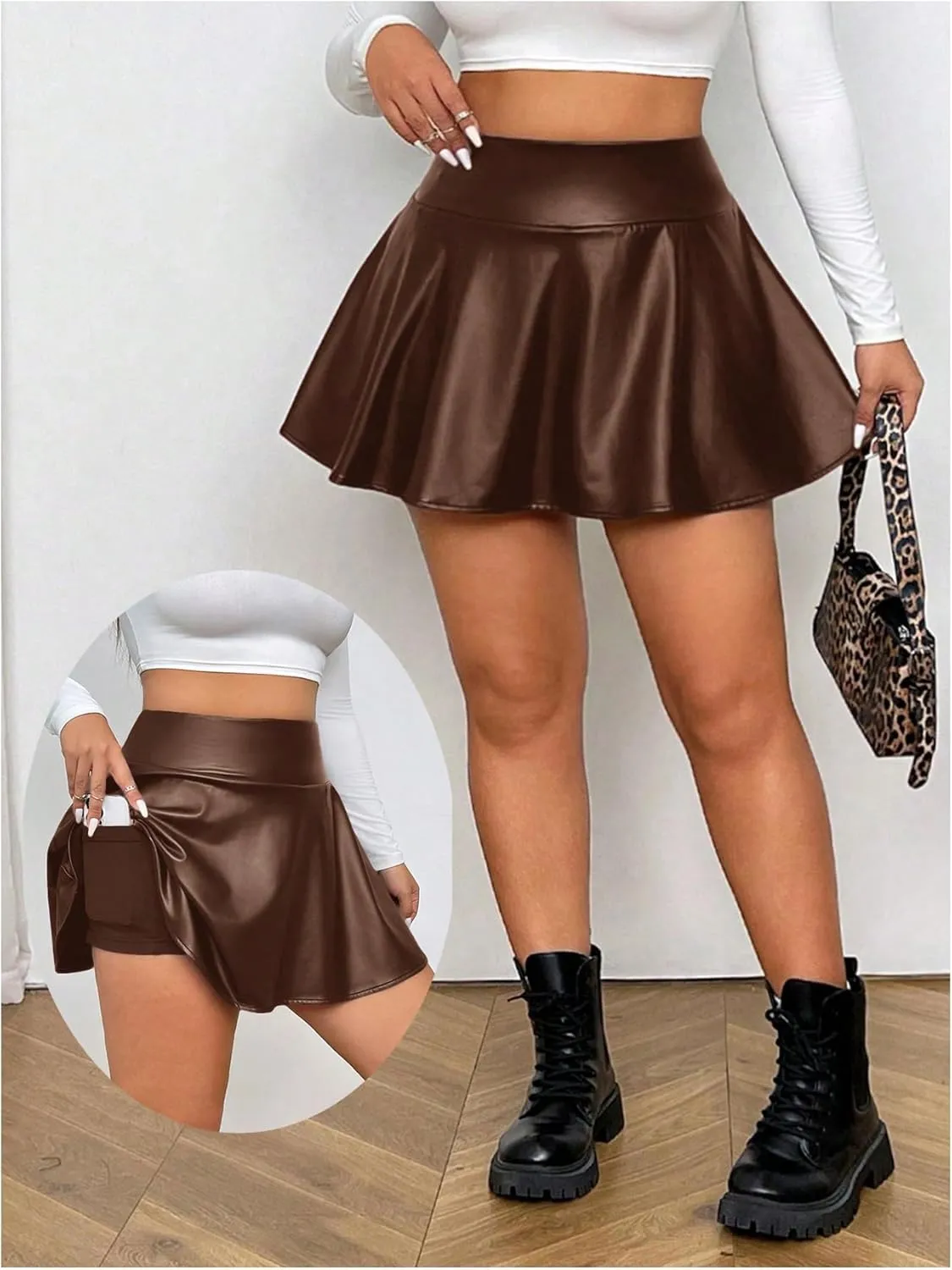 OYOANGLE Women's Plus Size PU Leather Ruffle Short Skirts High Waist Pleated Skater Skirt with Built in Shorts