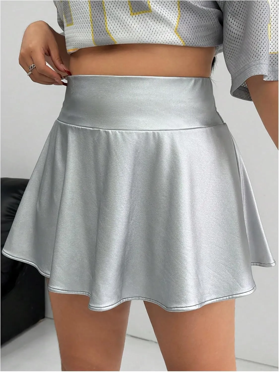 OYOANGLE Women's Plus Size PU Leather Ruffle Short Skirts High Waist Pleated Skater Skirt with Built in Shorts