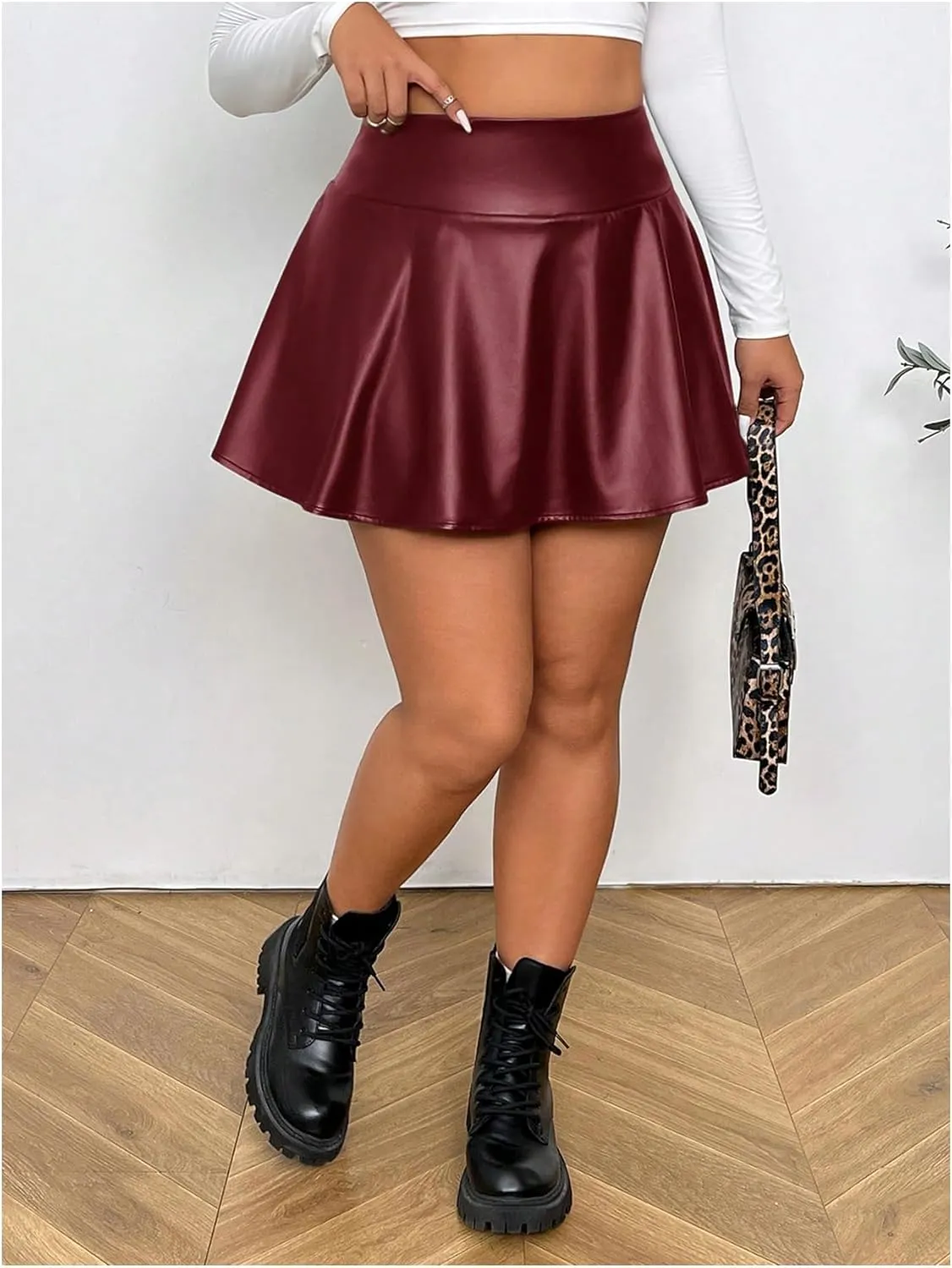 OYOANGLE Women's Plus Size PU Leather Ruffle Short Skirts High Waist Pleated Skater Skirt with Built in Shorts
