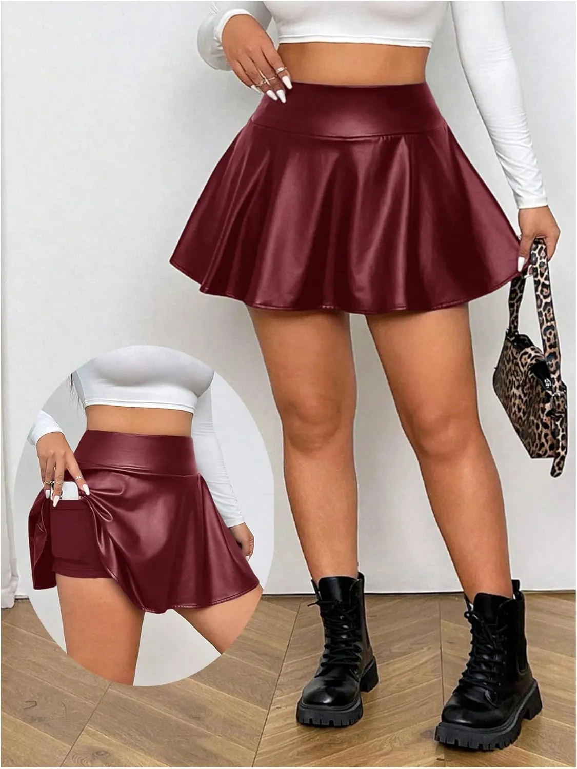 OYOANGLE Women's Plus Size PU Leather Ruffle Short Skirts High Waist Pleated Skater Skirt with Built in Shorts