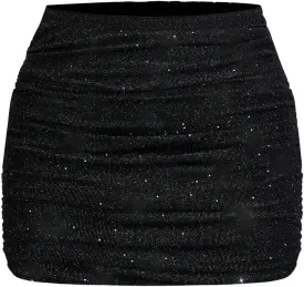 OYOANGLE Women's Plus Size Sparkly Ruched Bodycon Mini Skirt Elastic High Waist Glitter Pencil Skirts
