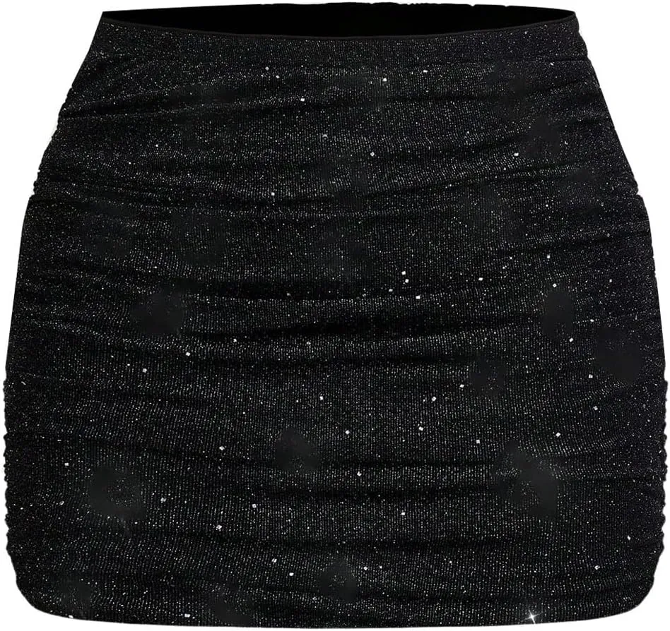 OYOANGLE Women's Plus Size Sparkly Ruched Bodycon Mini Skirt Elastic High Waist Glitter Pencil Skirts
