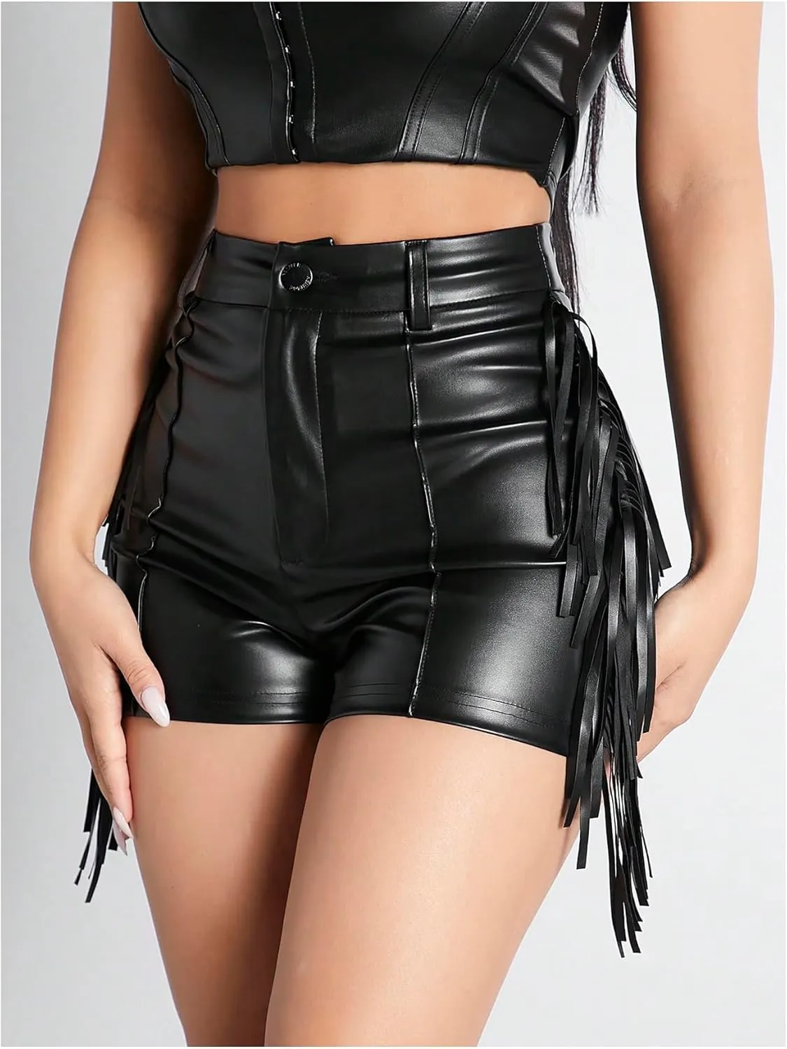 OYOANGLE Women's PU Leather Elastic High Waist Fringe Shorts Party Skinny Straight Leg Shorts