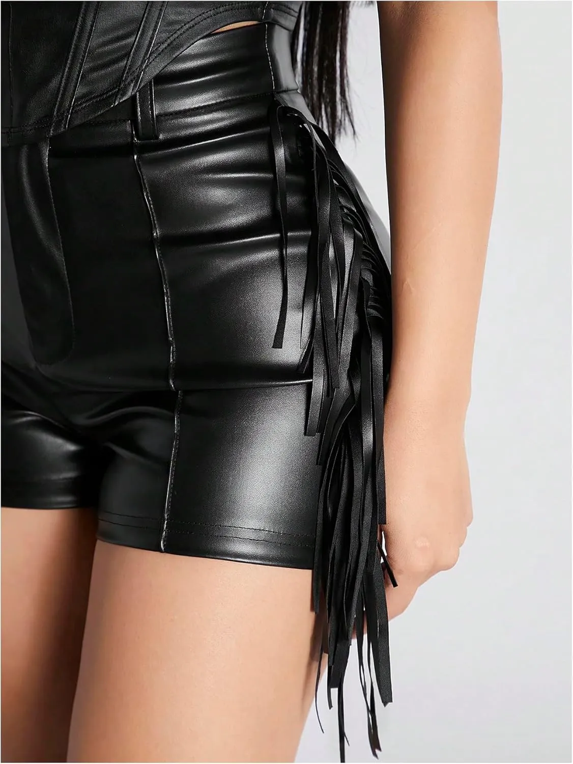 OYOANGLE Women's PU Leather Elastic High Waist Fringe Shorts Party Skinny Straight Leg Shorts