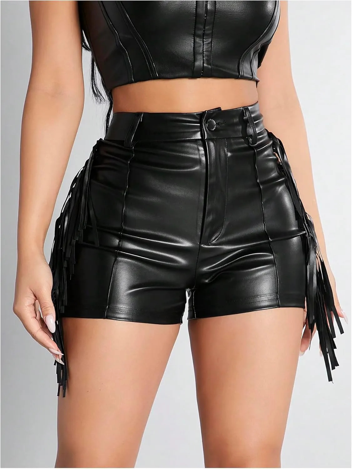 OYOANGLE Women's PU Leather Elastic High Waist Fringe Shorts Party Skinny Straight Leg Shorts
