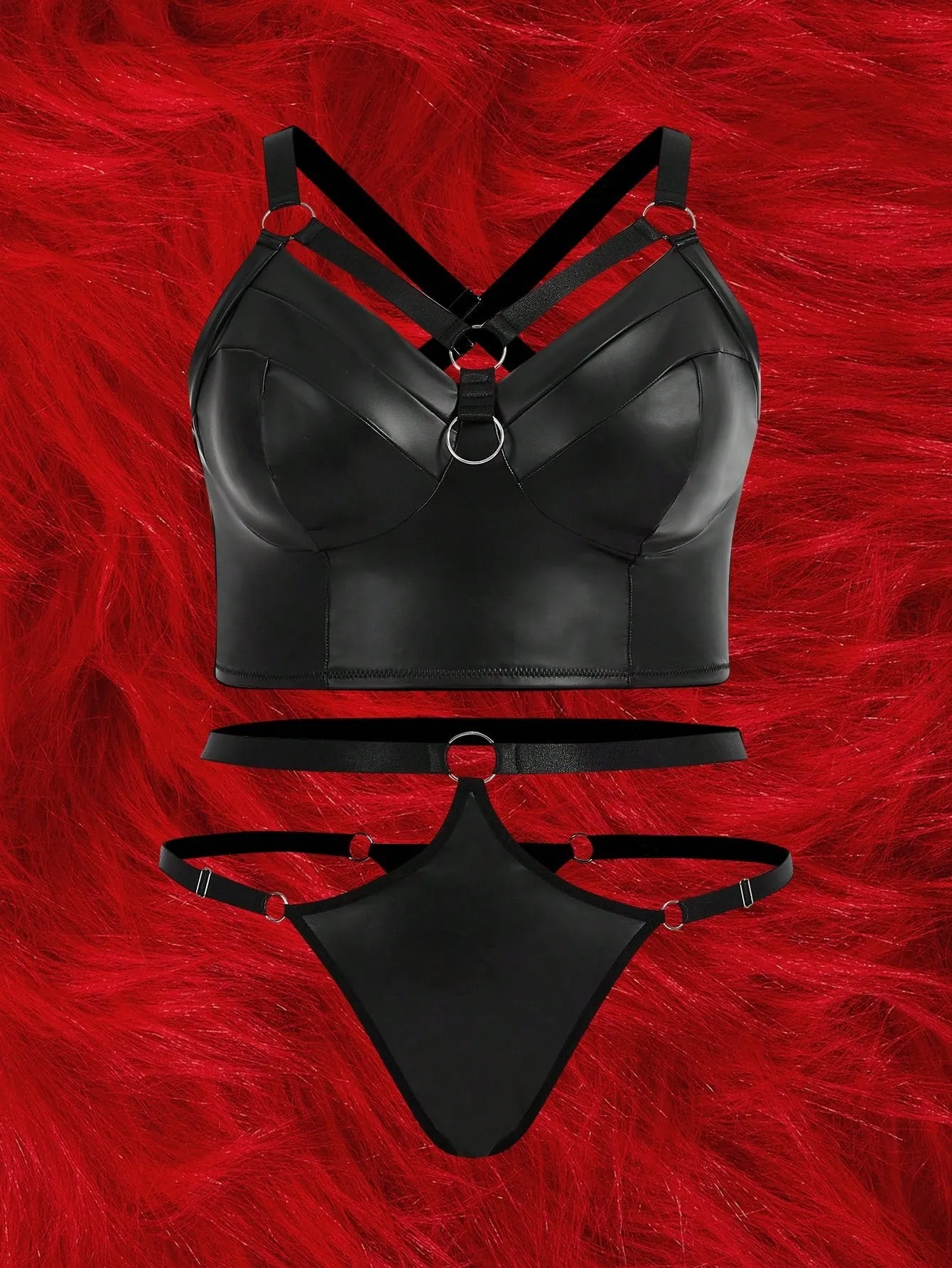 ROMWE Grunge Punk Plus Ring Linked Harness Lingerie Set - Black