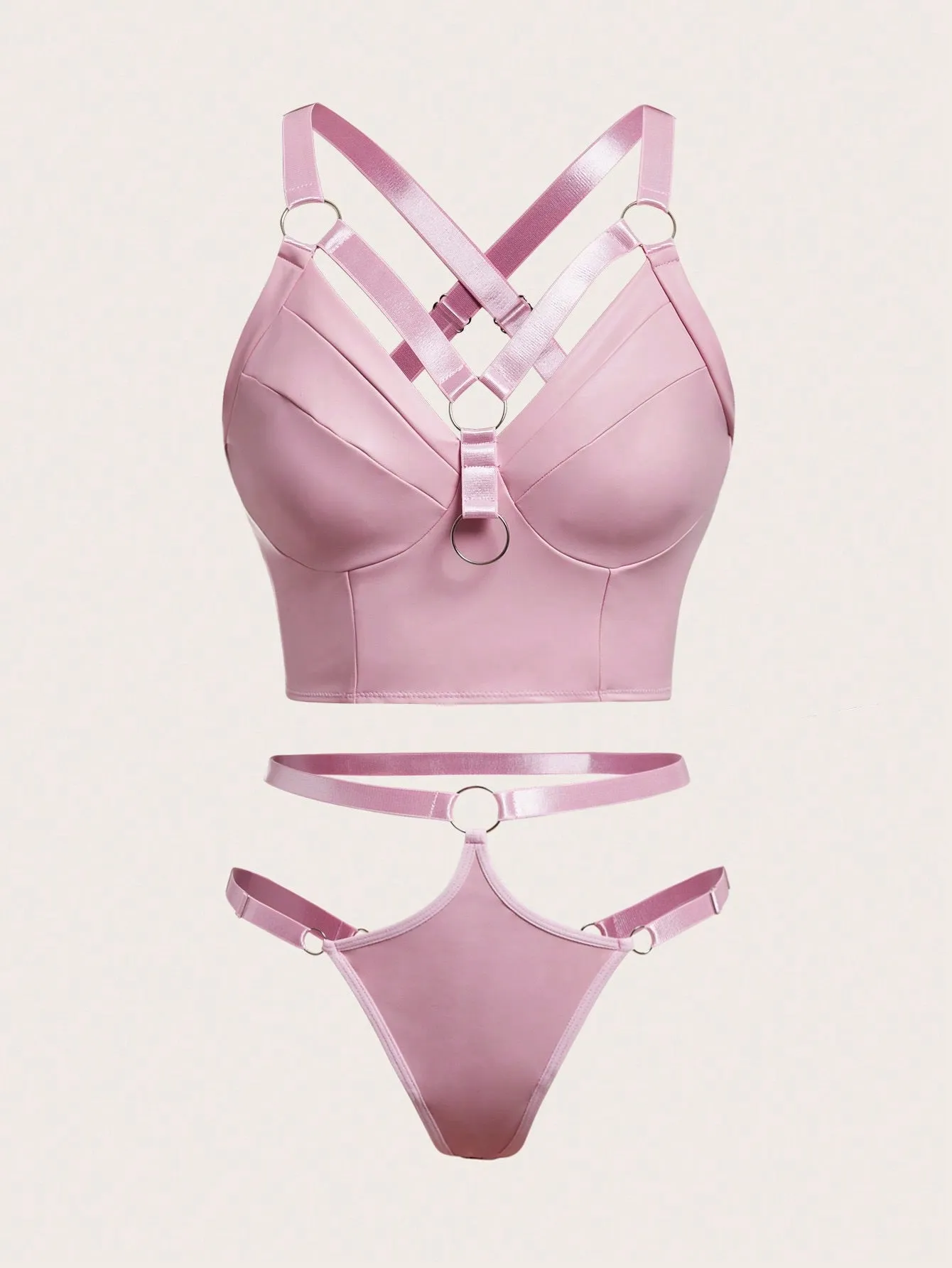 ROMWE Grunge Punk Plus Ring Linked Harness Lingerie Set - Pink