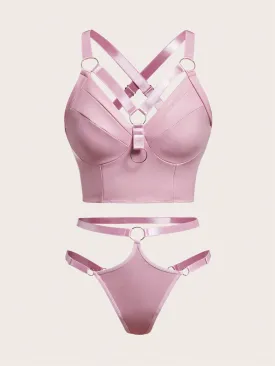 ROMWE Grunge Punk Plus Ring Linked Harness Lingerie Set - Pink