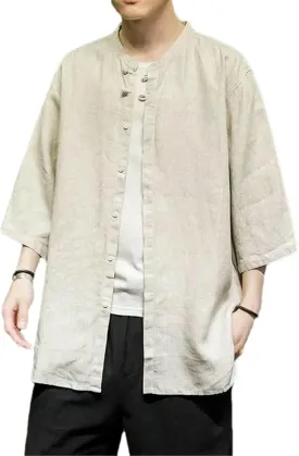 Summer Chinese Style Cotton Linen Casual Shirts Men Solid Stand Collar Half Sleeve Breathable Shirt Man
