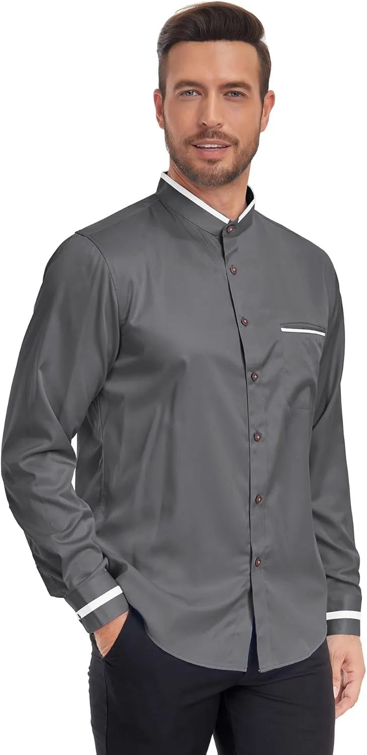 SWISSWELL Mandarin Collar Dress Shirt for Men Clergy Shirt Collarless Button Down Business Casual Shirts