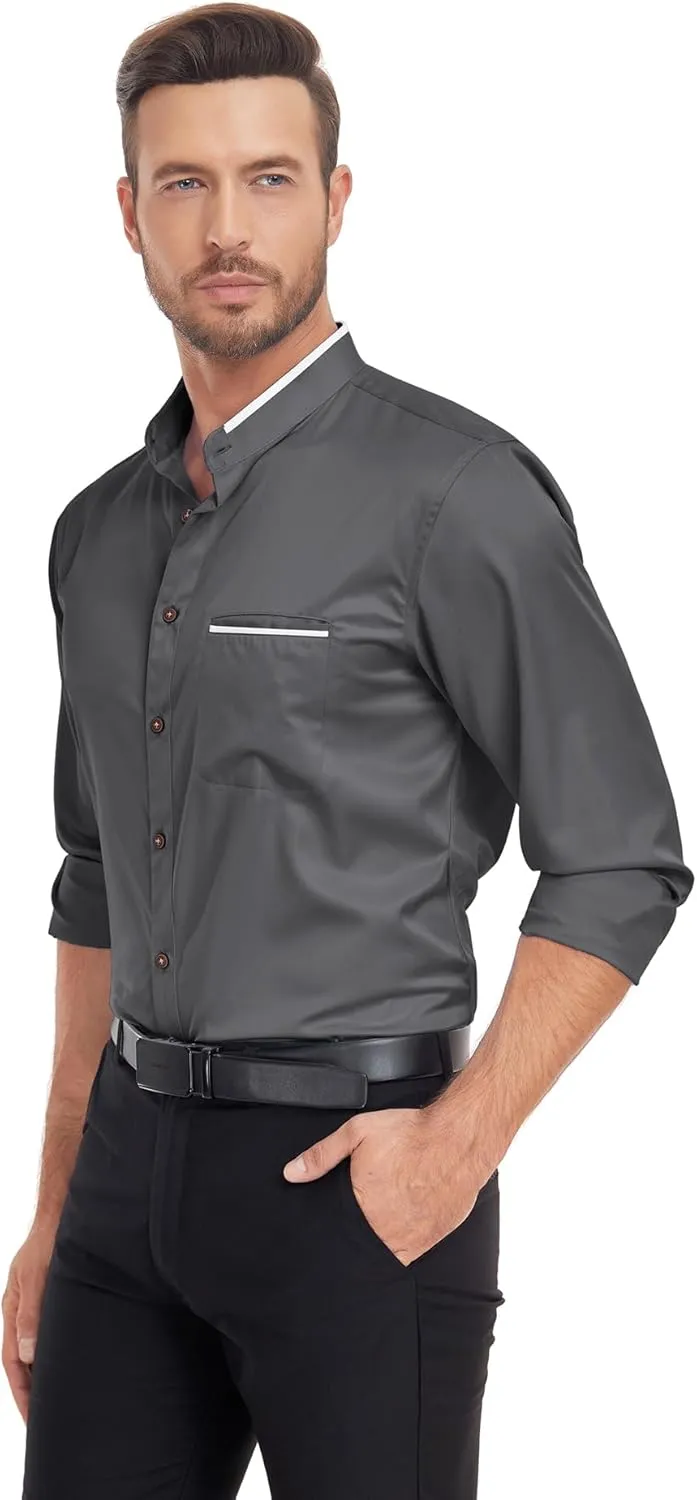 SWISSWELL Mandarin Collar Dress Shirt for Men Clergy Shirt Collarless Button Down Business Casual Shirts