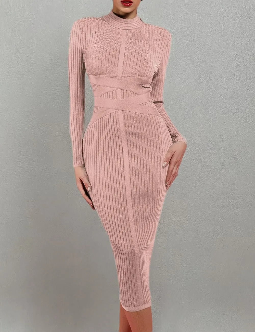 UONBOX Women's Long Sleeves Cross Strap Ribbed Club Party Midi Bodycon Bandage Dress