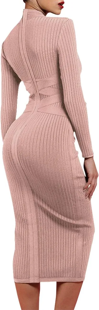 UONBOX Women's Long Sleeves Cross Strap Ribbed Club Party Midi Bodycon Bandage Dress