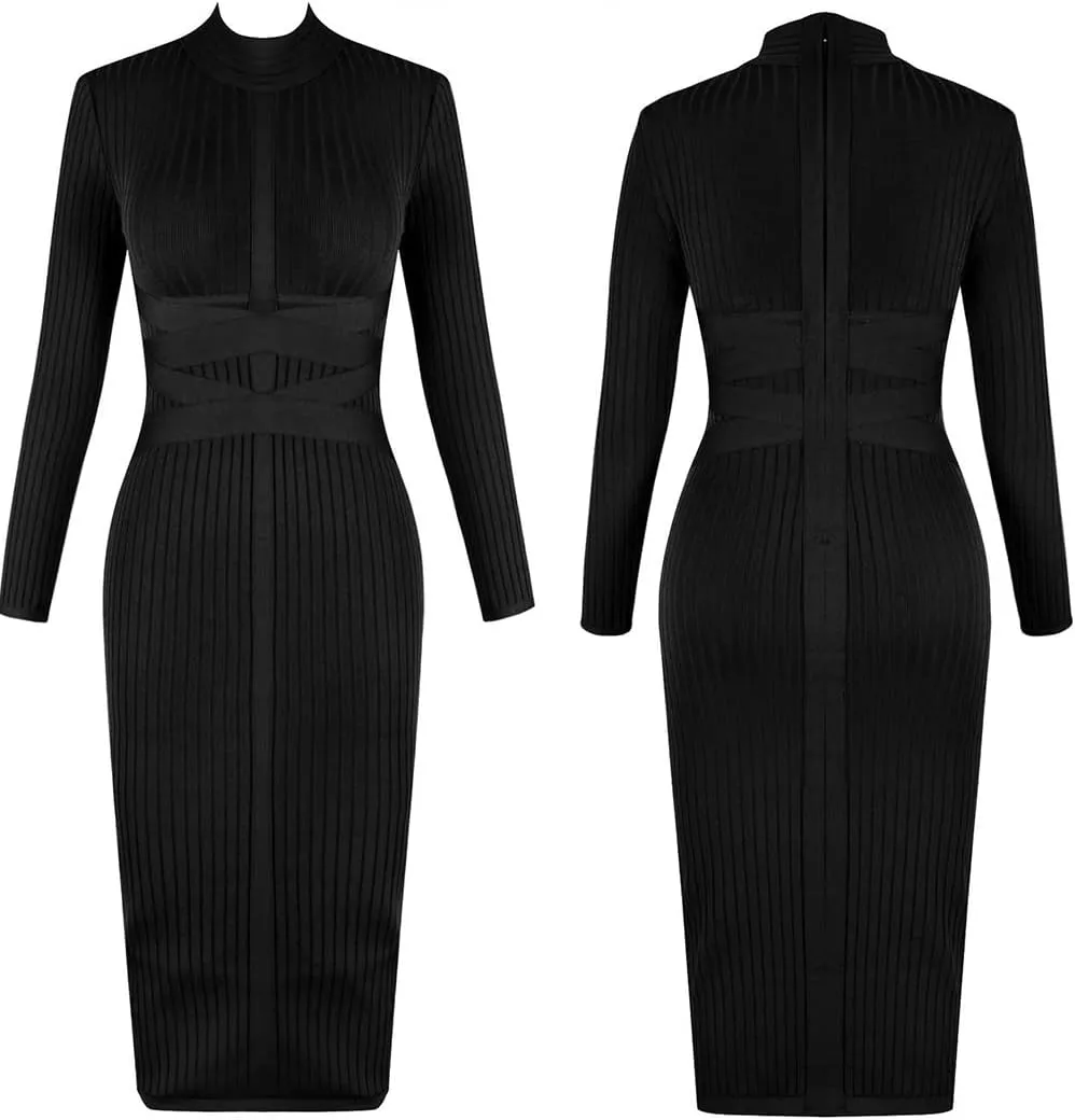 UONBOX Women's Long Sleeves Cross Strap Ribbed Club Party Midi Bodycon Bandage Dress