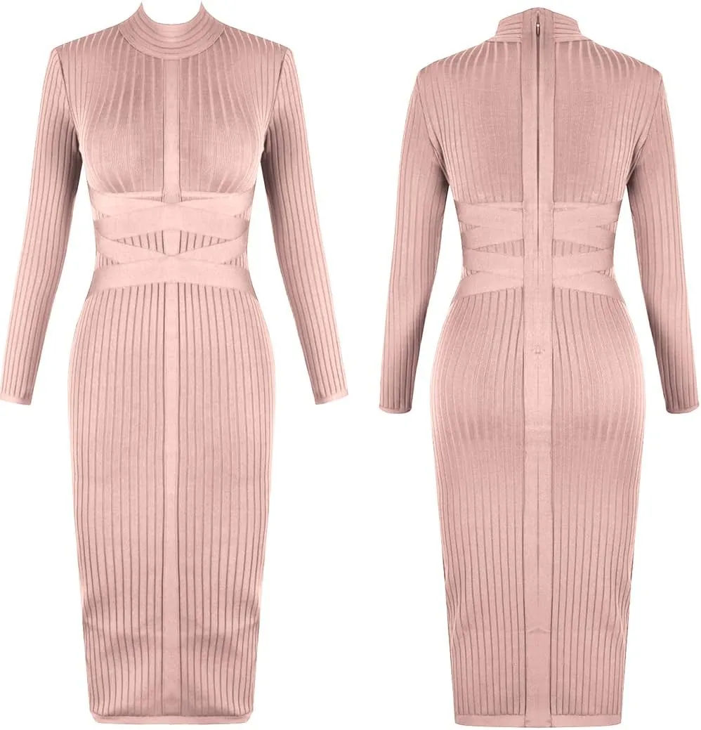 UONBOX Women's Long Sleeves Cross Strap Ribbed Club Party Midi Bodycon Bandage Dress