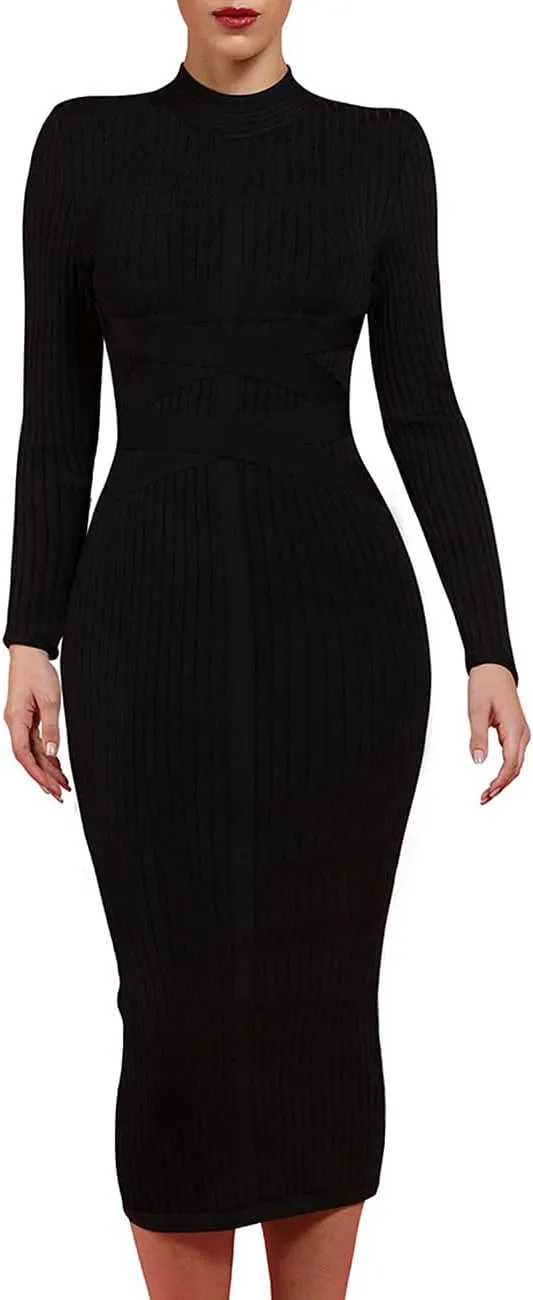 UONBOX Women's Long Sleeves Cross Strap Ribbed Club Party Midi Bodycon Bandage Dress