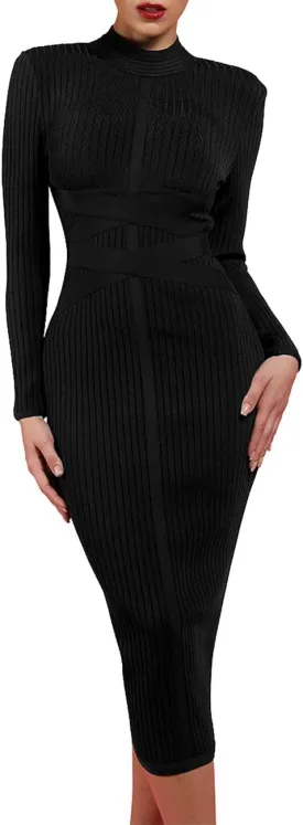 UONBOX Women's Long Sleeves Cross Strap Ribbed Club Party Midi Bodycon Bandage Dress